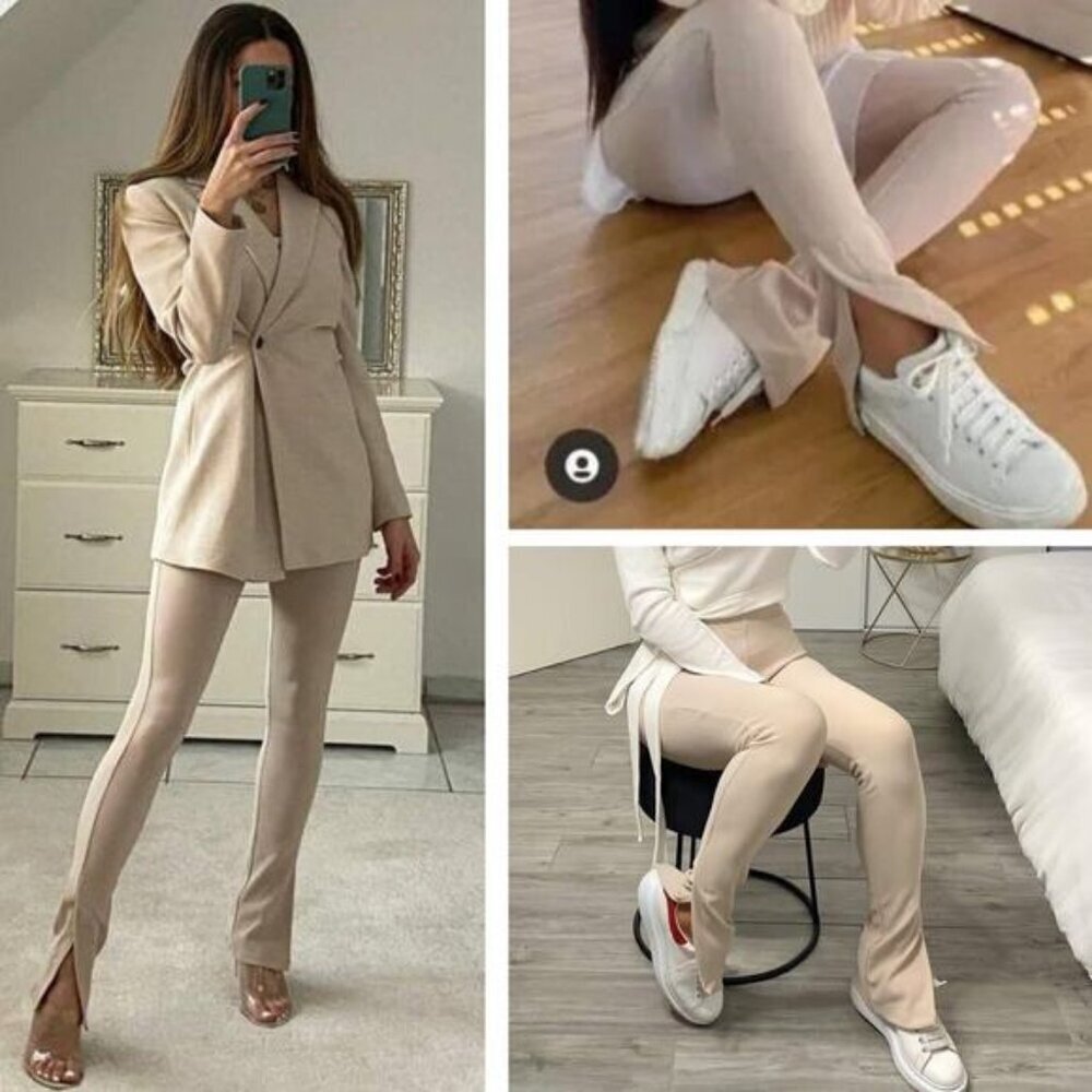 NWT ZARA Ottoman Legging Split Hem Size XL Light Sand
